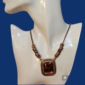 Vintage 90s Tortoise Pendant Beaded Castlecore Chain Necklace